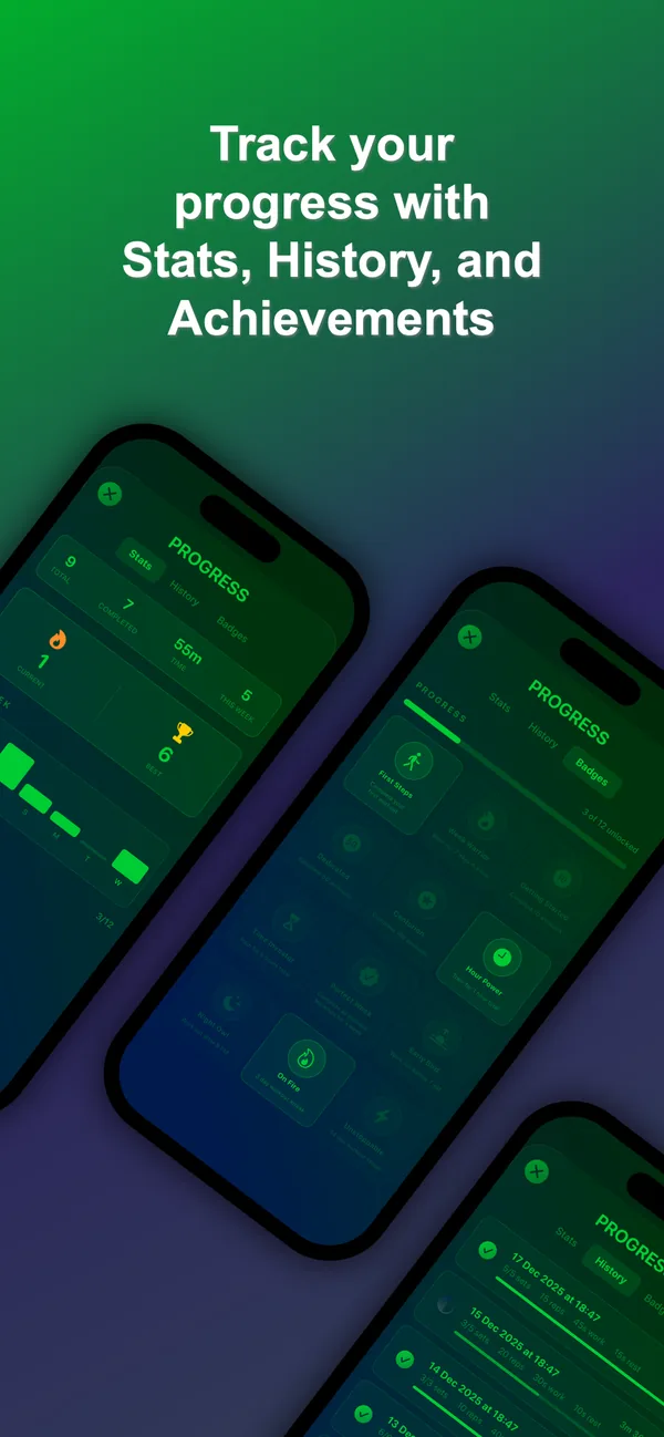 Track your progress with statistics, history and achievements