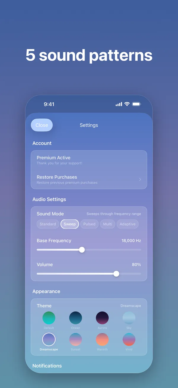 Five sound patterns, with pitch and volume, in Settings