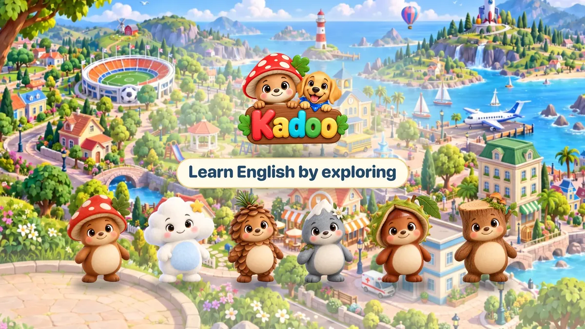 La ville de Kadoo au bord de la mer, avec le panneau Kadoo, un chiot et six Explorateurs