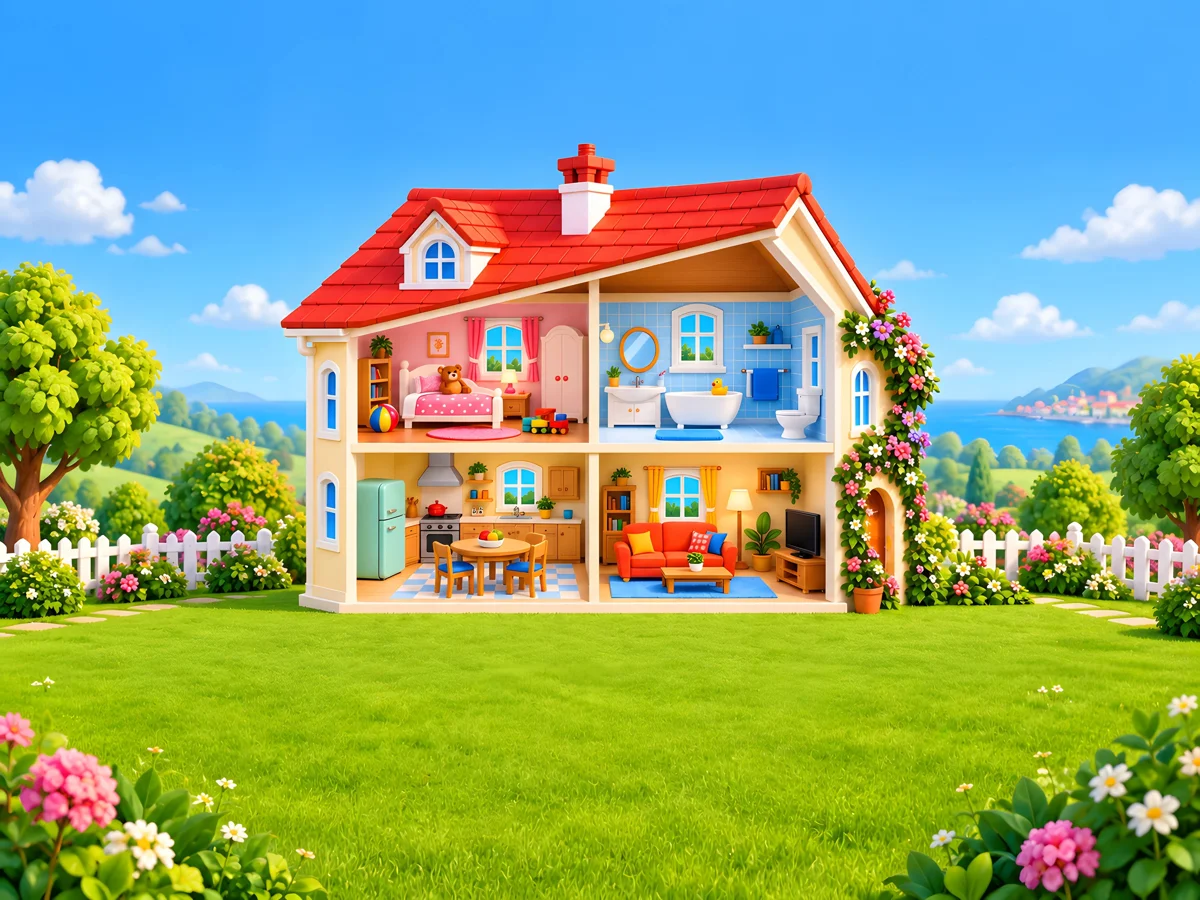A casa do Kadoo, com o quarto, o banheiro, a cozinha e a sala de estar